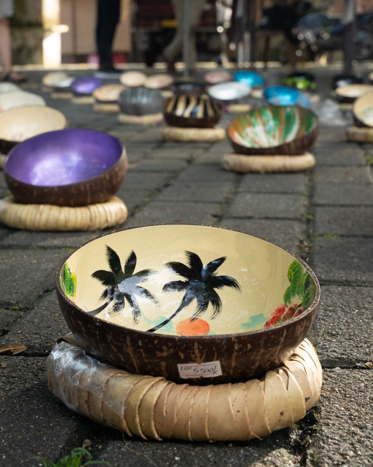Painted coconut bowls at a Galle market